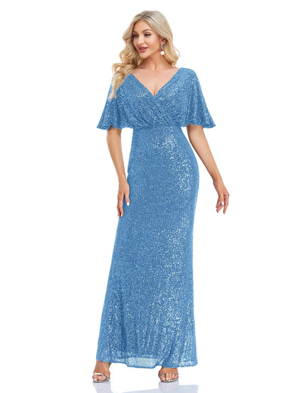 Women Elegant V-neck Luxury Evening Dress Sexy Sequin Mermaid Dress Floor Lenght Prom Blue Party Dress vestido