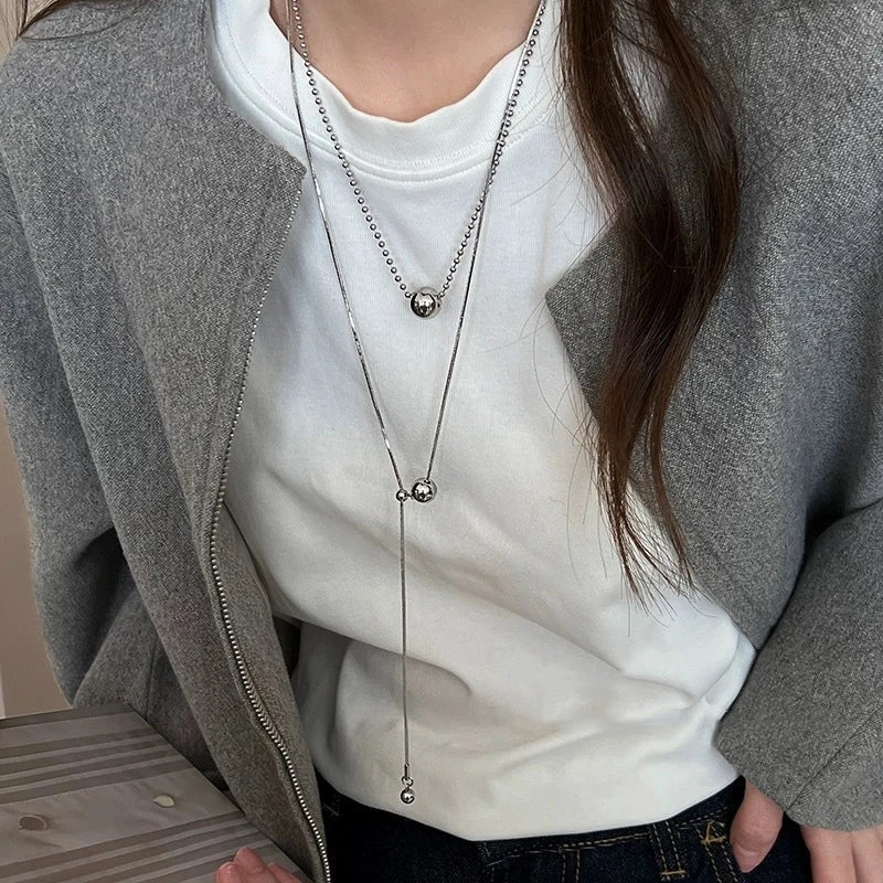 Personality Stainless Steel Beaded Ball Pendant Necklace for Women Silver Color Double Layer Hip Hop Rock Chokers Jewelry