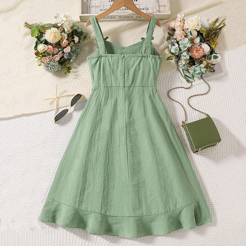 Summer Girl's Dress 8-12 Years Old Cute Bow-Embellished Slip Panel Uneven Hem Sweet Elegant Ladylike Fashion for Kids