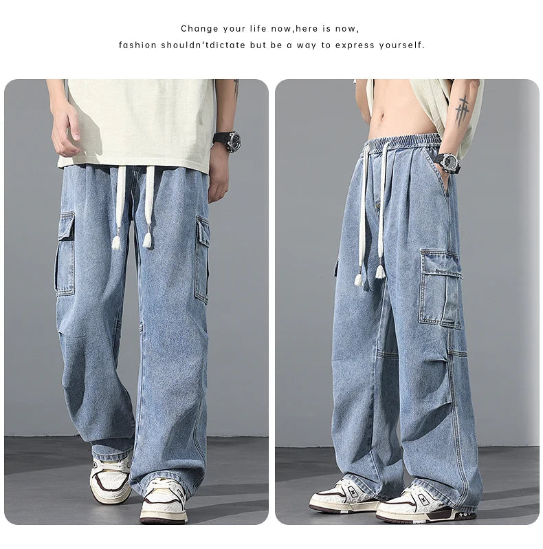 Large Pocket Baggy Solid Jeans Men's 2026 New Spring Classic Straight Denim Trousers Street Y2K Elastic Waist Casual Cargo Pants