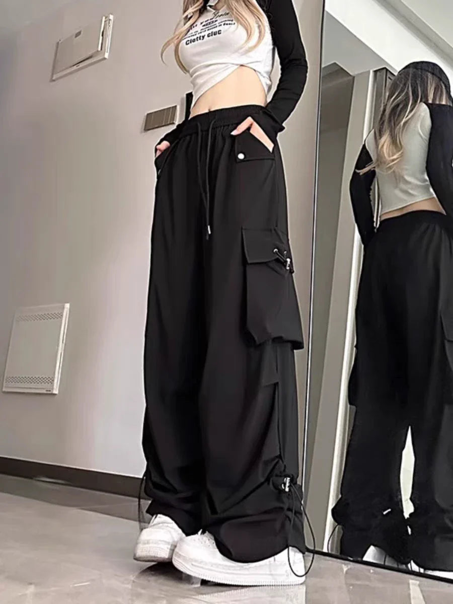 2026 New American Style Large Pocket Cargo Pants Women's Spring Summer Wide Leg Pants Loose Slimming Casual Sports Pants