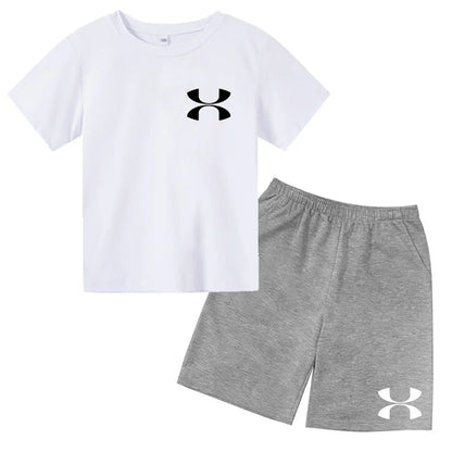 Fashion Two-Piece Casual t-shirt Set Kids  Summer Sports Short-Sleeved Boy Girl 3-13Yrs  T-shirt +Shorts