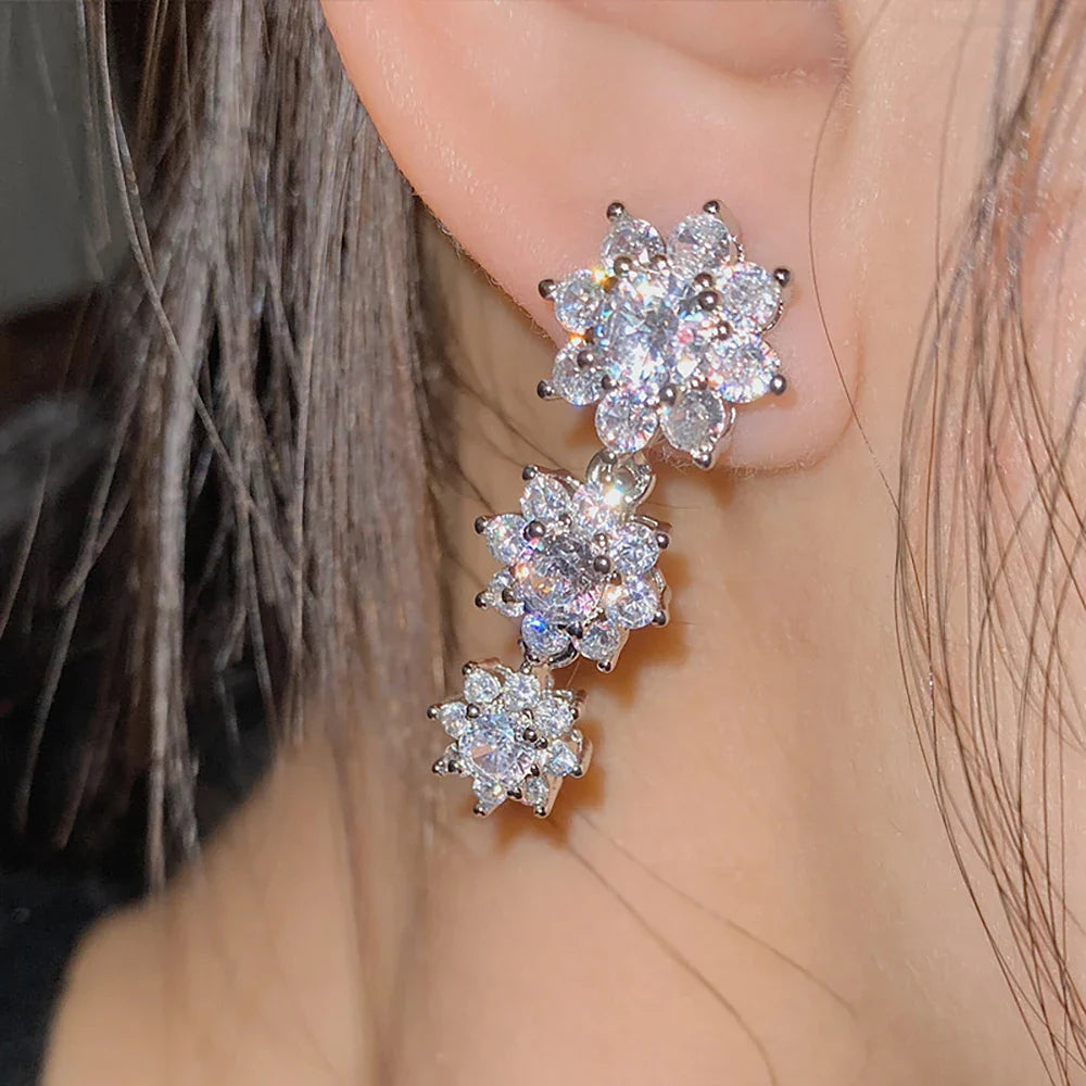 Full Moissanite Drop Earrings for Women Bridal Sun Flower Lab Diamond Stud Earring 925 Sterling Silver Plated Gold Fine Jewelry