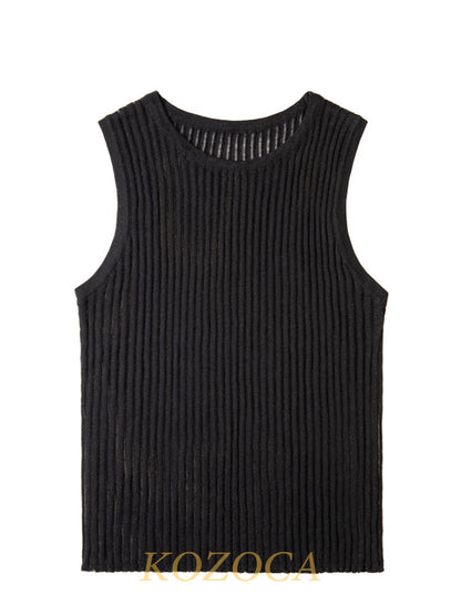 100% Wool Chic Solid Tanks Elegant Striped See Through Hollow Out Women Tops Sleeveless Elastic Tops Club Party Clothes