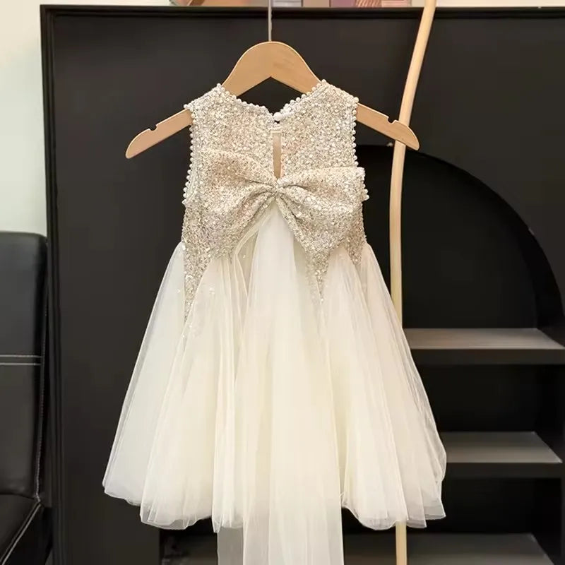 Summer Girls Tulle Dress Princess Sequined Puff Mesh Gown Kids Birthday Party Vestidos Children Casual Fashion Clothes 2-10Y