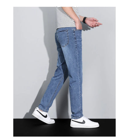 Men's Ice Silk Denim Cargo Pants Summer New Thin Business Casual Jeans Outdoor Y2K All Match Slim Fit Straight Elastic Jean Male