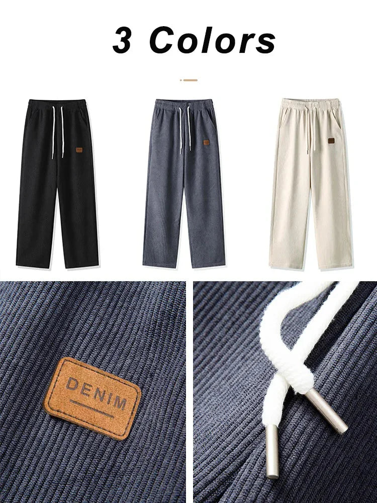 Winter Thick Warm Corduroy Sweatpants Men Fleece Liner Drawstring Straight Loose Track Pants Male Casual Fleece Thermal Trousers