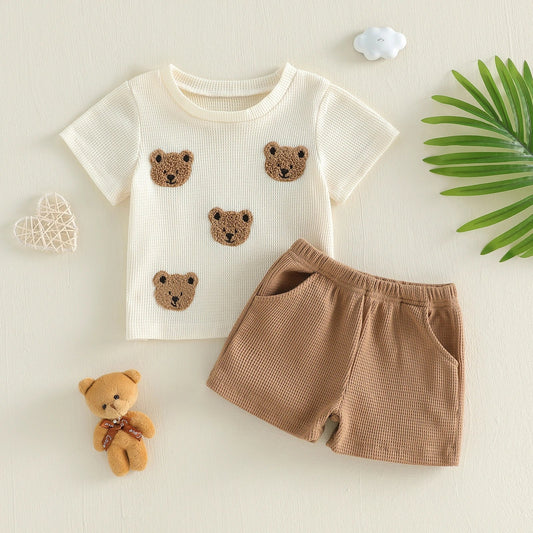 Summer Toddler Baby Boys Shorts Sets Short Sleeve O Neck Bear Embroidery Tops Solid Color Shorts Clothes