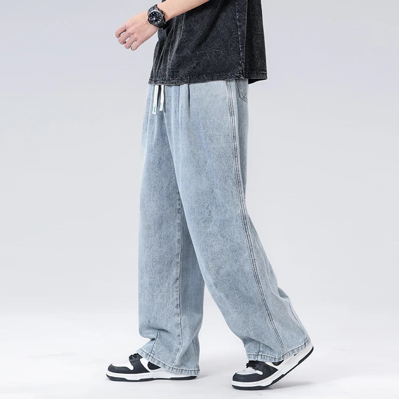 New Men's Elastic Waist Jeans Loose Wide Leg Casual Straight Long Trousers Comfortable Stretch Denim Pants Trendy Brand