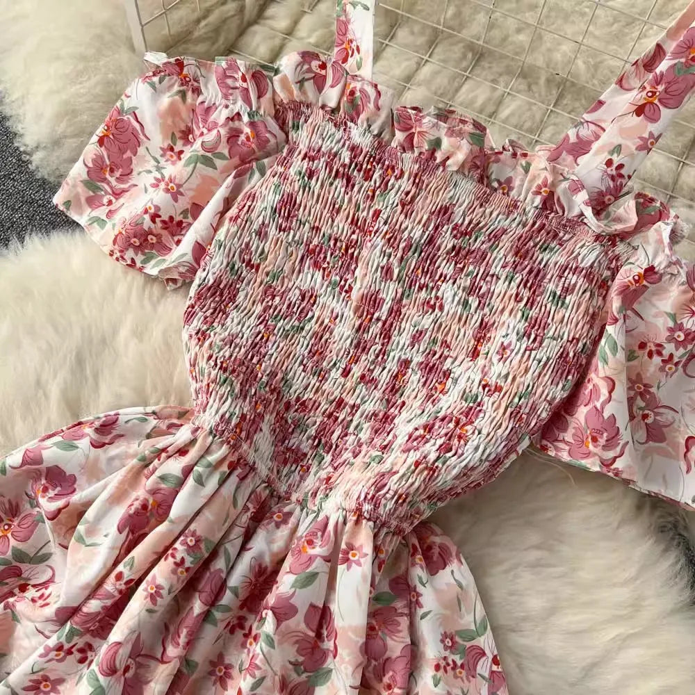 Romantic Floral Print Long Summer Dress Women Fashion Off Shoulders Straps Vacation Beach Dress Korean Party Vestidos