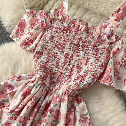 Romantic Floral Print Long Summer Dress Women Fashion Off Shoulders Straps Vacation Beach Dress Korean Party Vestidos