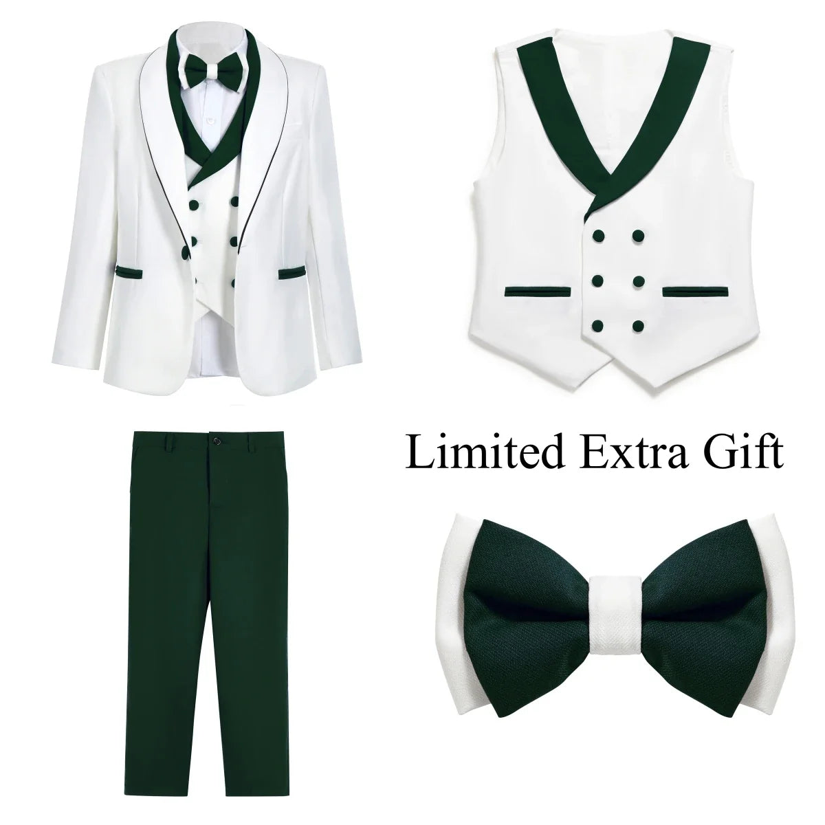 Fashion Shawl Neck Suit Set for Kids, 4-Piece Boys Communion Suits One Button Jacket Double-Breasted Vest Pants 3-14 Years