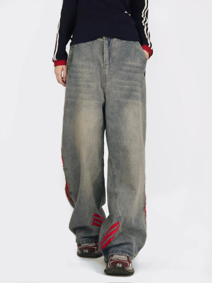 Loose Trendy Brand, Straight Striped Splicing, Casual Wide-Leg Pants