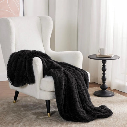 Fluffy Black Throw Blanket Gifts for Women Men Soft Fleece Fuzzy Sherpa Plush Warm Minky Thick Faux Fur Throws for Couch Bed