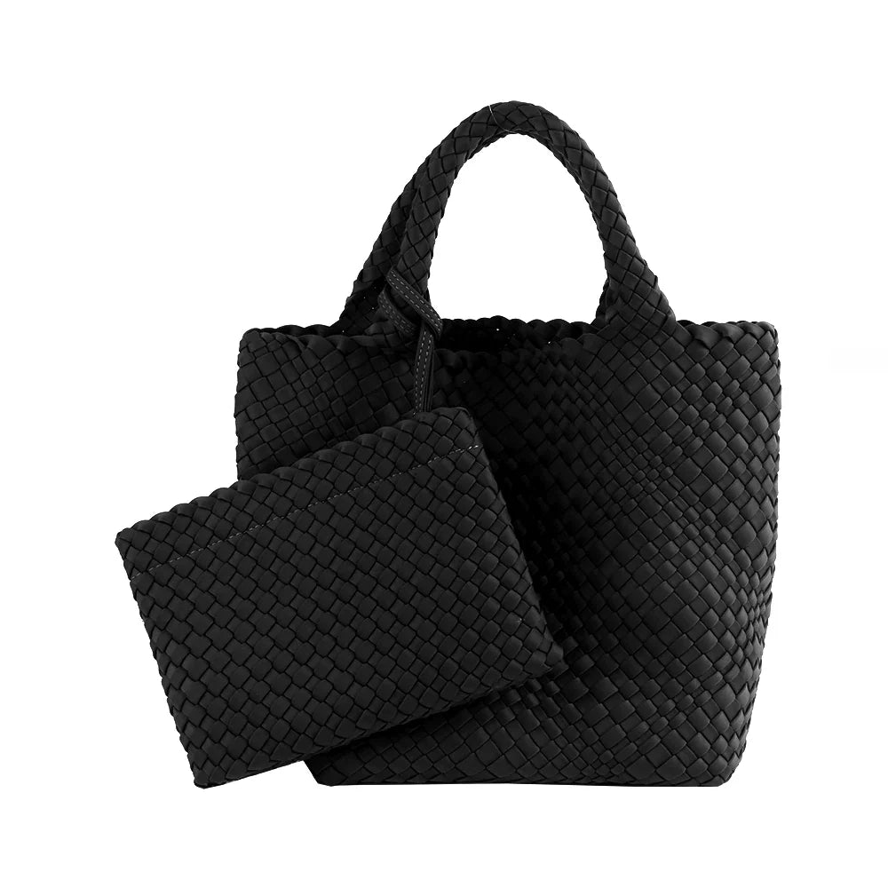 Woven Bag for Women, Neoprene Tote Bag Summer Beach Handbag Purse Retro Handmade Travel Shoulder Bag Set Neoprene Weave Tote Bag
