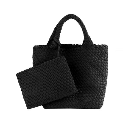 Woven Bag for Women, Neoprene Tote Bag Summer Beach Handbag Purse Retro Handmade Travel Shoulder Bag Set Neoprene Weave Tote Bag
