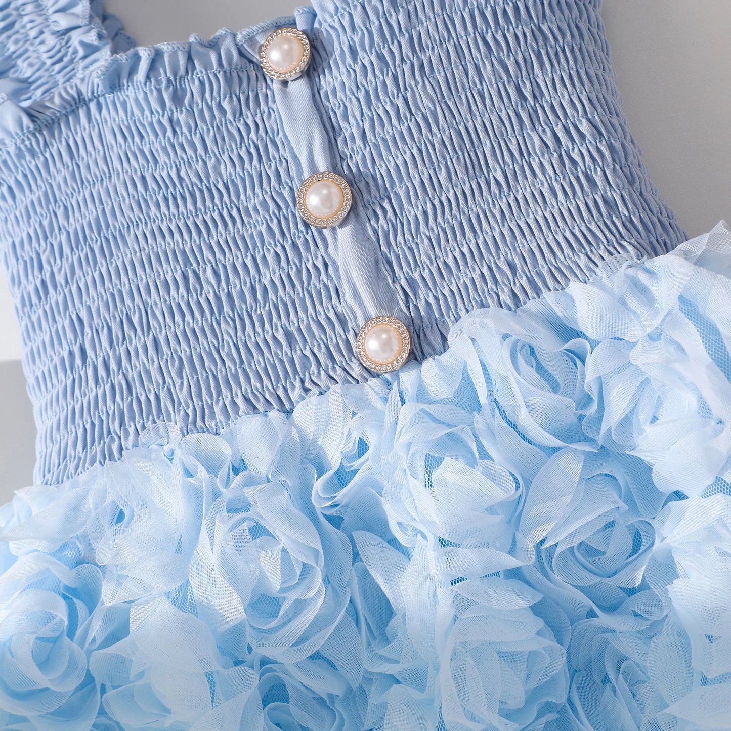 Girls' Sky Blue Tulle Dress - 3D Rose Appliqué Skirt, Pearl Buttons Vintage Chic Party Gown