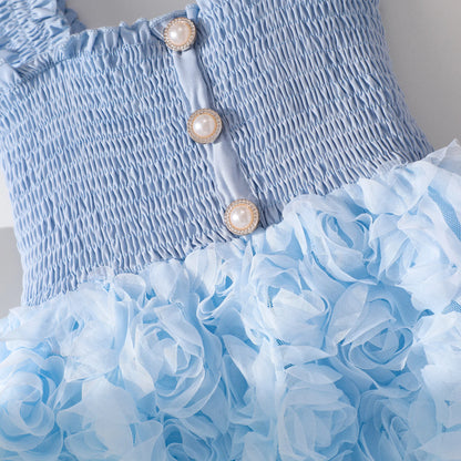 Girls' Sky Blue Tulle Dress - 3D Rose Appliqué Skirt, Pearl Buttons Vintage Chic Party Gown