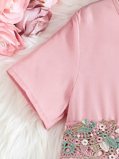 Summer Retro Elegant Girls' Waist Decal Round Neck Zipper Short Sleeved Solid Color Medium Long Dress