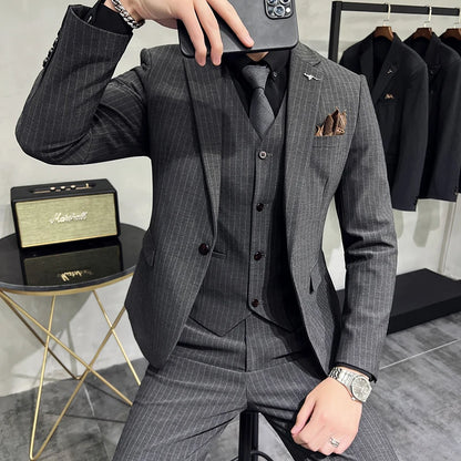( Blazer+Vest+Pants ) Groom Wedding Male Suit Luxury Brand Fashion Striped Men's Casual Business Office Double Breasted Suit