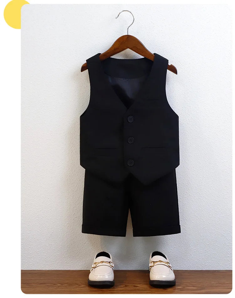 Children Boy Summer Cool Green Suit Kids Boys Vest Shirt Shorts Bowtie Ceremony Costume Formal Boys Breathable Slim Wedding Suit
