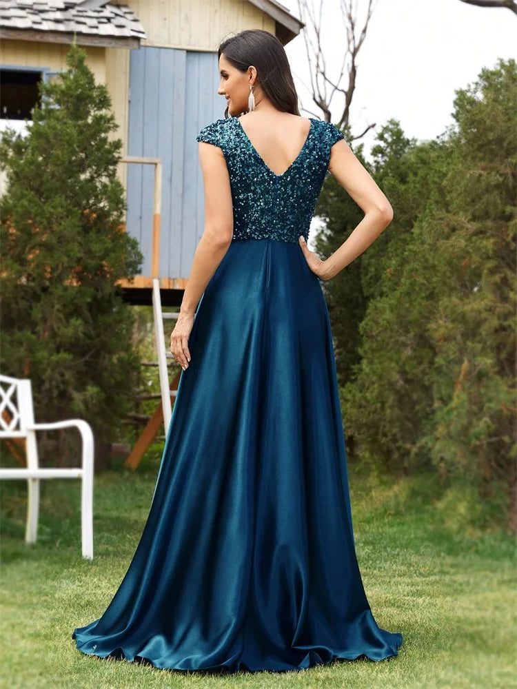 Elegant Pleated Splicing Cover sleeve  With Pockets Sequins Evening Dresses Long Luxury Women Satin Wedding Party Cocktail Gowns