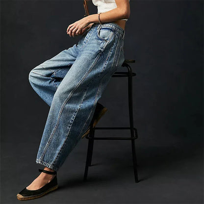 High Stretch Mid-Rise Barrel Jeans Fashion wide Leg Shape Women Casual Baggy Mid Waist Denim Jeans