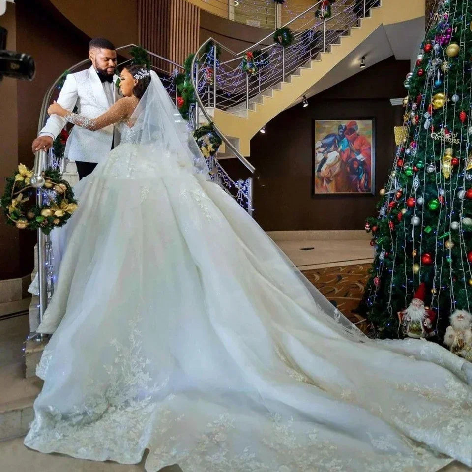 Customize Vinca Sunny Luxury  Wedding Dresses  Ball Gown O-Neck Beaded Appliques Long Sleeves GownfVestido vestidos de novia