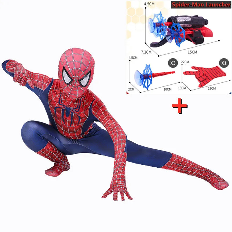 High Quality Kids Superhero Costume Spider Man Jumpsuit with Web Shooter Halloween Performance Outfit Holiday Gifts Boys Girls