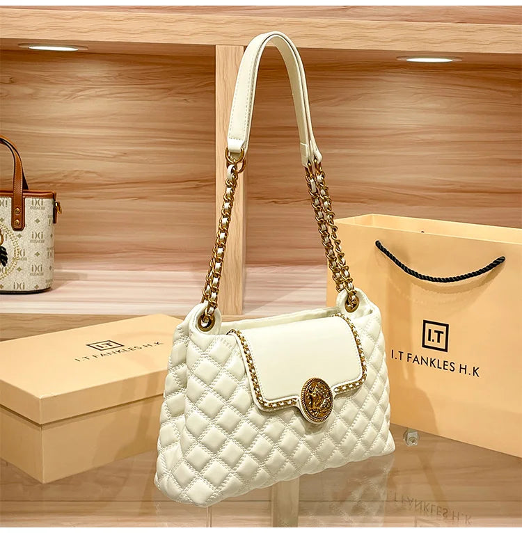 Brand genuine leather chain bag for women in 2025, new designer with a sense of luxury, large capacity underarm shoulder bag
