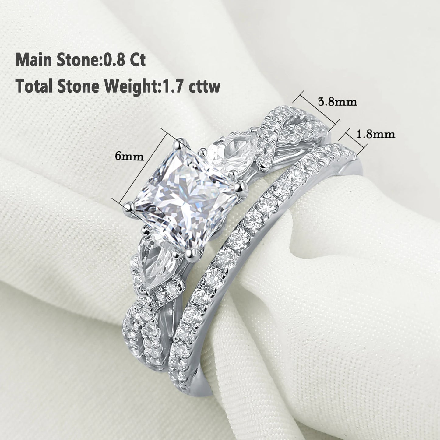 Conjunto de 2 Anéis de Casamento em Prata Esterlina 925 1,7 Ct com Zircônias Cúbicas AAAAA de Corte Princesa e Pera Anéis de Noivado para Mulheres Joias da Moda