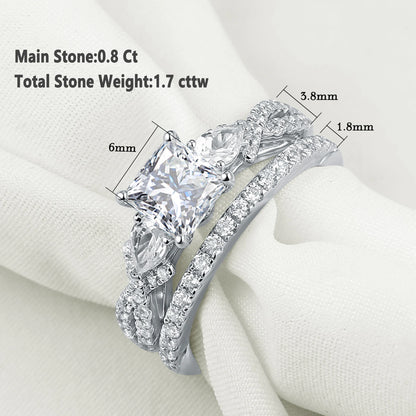 Conjunto de 2 Anéis de Casamento em Prata Esterlina 925 1,7 Ct com Zircônias Cúbicas AAAAA de Corte Princesa e Pera Anéis de Noivado para Mulheres Joias da Moda
