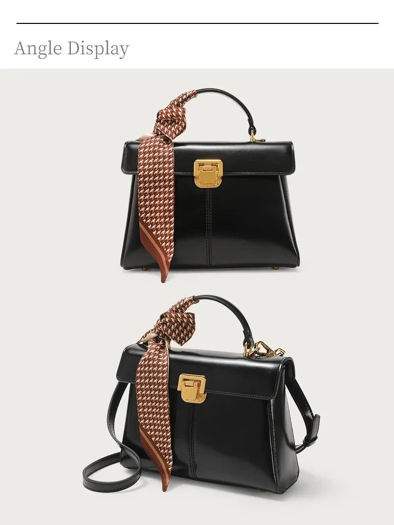 Genuine Leather Handbag with Scarf | Luxury Designer Trendy Shoulder Bag Solid Color Commuting Bag | bags for women gift