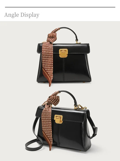 Genuine Leather Handbag with Scarf | Luxury Designer Trendy Shoulder Bag Solid Color Commuting Bag | bags for women gift