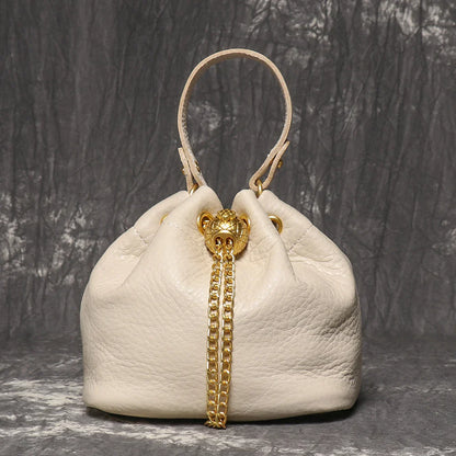 Metal Drawstring Versatile Women's Handbag Genuine Leather Chain Crossbody Bag Vintage Bucket Bag Mobile Phone Bag