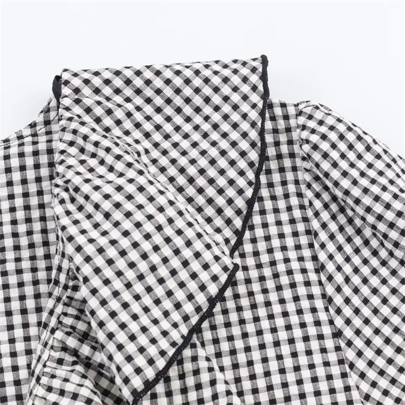 Elegant Fashion Chidori Plaid Ruffles Chiffon Shirt Spring 2025 Ruffled Neck Long Butterfly Sleeve Loose Tops Women's Clothing