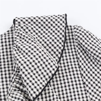 Elegant Fashion Chidori Plaid Ruffles Chiffon Shirt Spring 2025 Ruffled Neck Long Butterfly Sleeve Loose Tops Women's Clothing