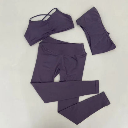Yoga Vision Shrug 3 Pieces Top Leggings Gym Set Women's Seamless High Elastic Longline Vest Buttock lift  Exercise Shorts Set