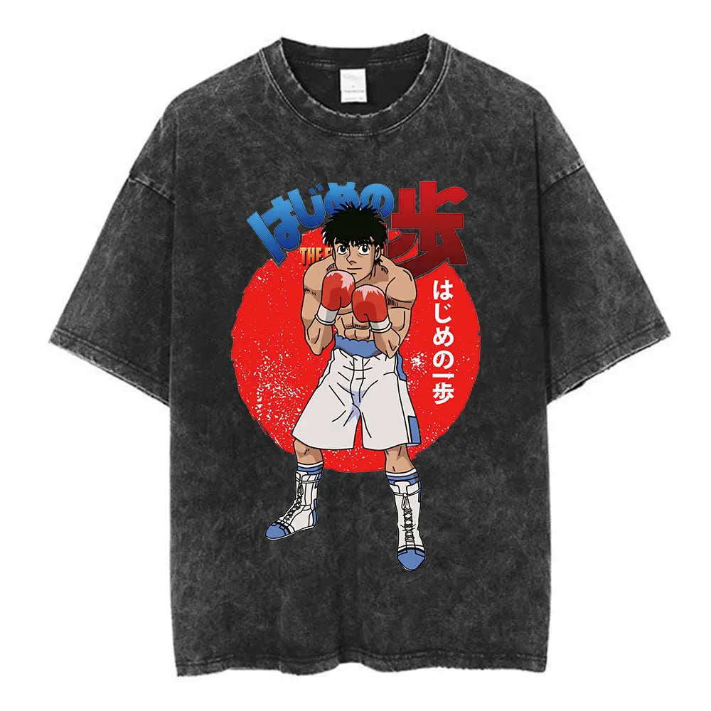 Anime Hajime No Ippo Washed Vintage T-shirt Kamogawa Boxing Gym Harajuku T-shirts Makunouchi Takamura KGB Loose Cotton T Shirt