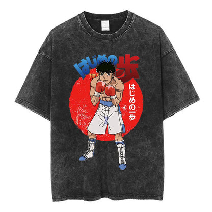 Anime Hajime No Ippo Washed Vintage T-shirt Kamogawa Boxing Gym Harajuku T-shirts Makunouchi Takamura KGB Loose Cotton T Shirt