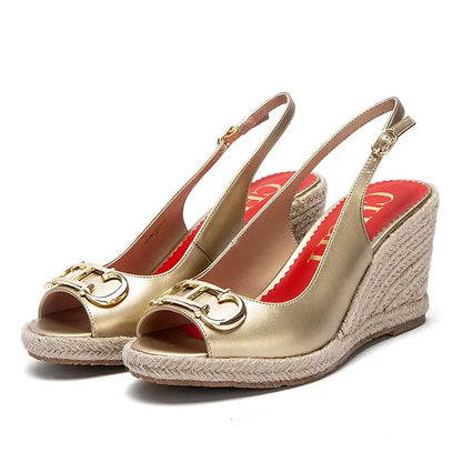 sandals summer women's casual shoes Gold INITIALS INSIGNIA PU LEATHER WEDGES Luxury brand wedge shoeses