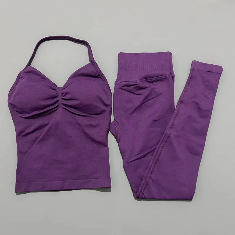 2Piece Sports Gym Set Women Longline Strappy Top Fitness Clothes Seamless Yoga Set Running Workout Sports Leggings Sets