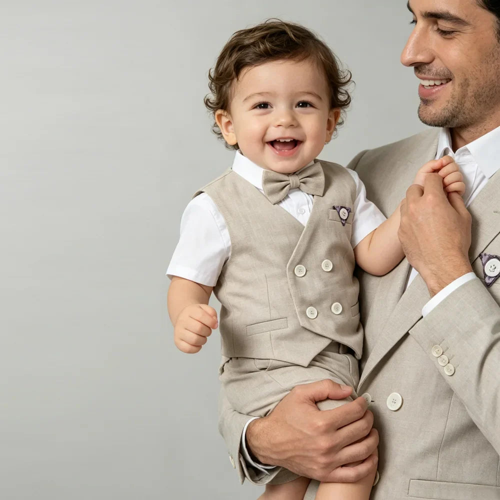 Summer Kids Boy Linen Suit Set Double Breasted Vest Shorts Bowtie for Ring Bearer Flower Boys Toddler Gentleman Outfit Clothes