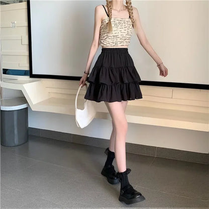 High Waist Layered Splice Short Skirt Pure Color Iron Free Polyester Blend Summer Cake Design Sweet Half Body Skirt