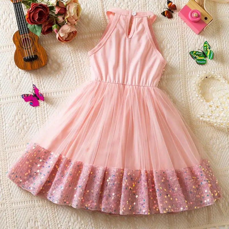Girl Party Princess Dress Summer Sequin Tulle Dress Elegant Party Red/Pink/White Dresses 3-7Y for Wedding Birthday Holiday Gift