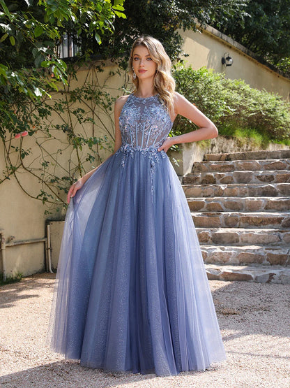 Dusty Blue Soft Shiny Tulle Long Evening Dresses Elegant Appliques Lace Open Back Sexy Prom Formal Party Maxi Gowns