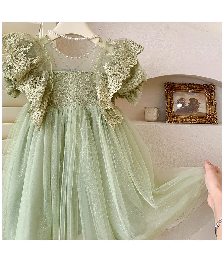 Kid Girl Elegant Light Green Dress for Children Intricate Lace Flutter Sleeves and Voluminous Sparkling Tulle Skirt Summer