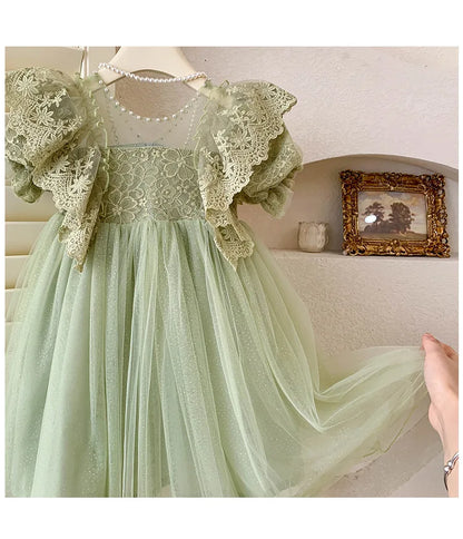 Kid Girl Elegant Light Green Dress for Children Intricate Lace Flutter Sleeves and Voluminous Sparkling Tulle Skirt Summer