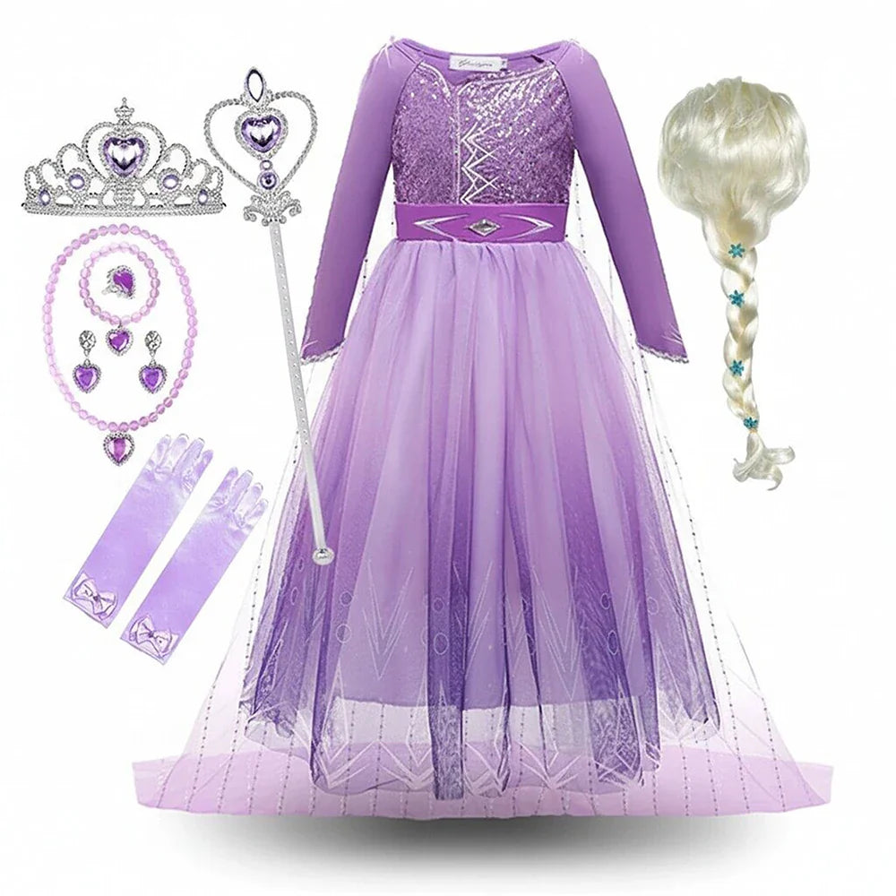 2026 Princess Girl Dress Snow Queen Halloween Cosplay Elsa Party Purple Costume Role Play Clothes Children Outfit Dress
