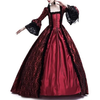 Women Vintage Medieval Gothic Square Neck Flare Sleeve Lace Patchwork Maxi Dress  bodycon dress  dresses